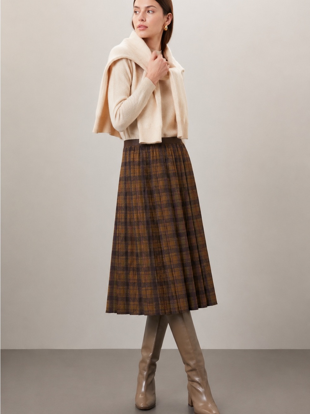 Polo Ralph Lauren Pleated Plaid Midi Skirt in Brown size S MSRP $450